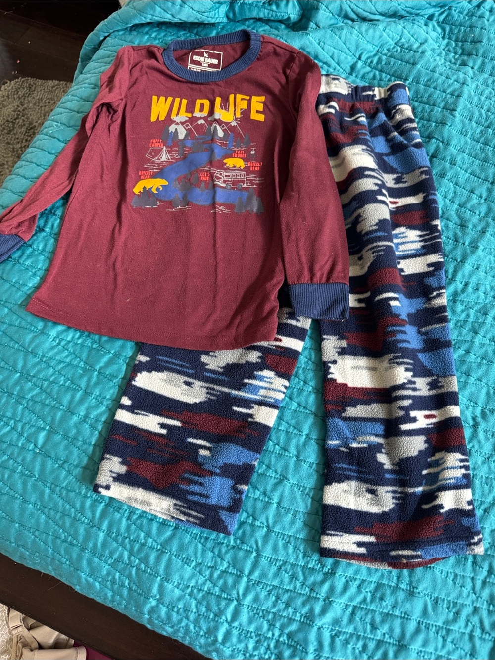 Eddie Bauer Burgundy Top with Navy, White & Blue Patterned Fleece Pants